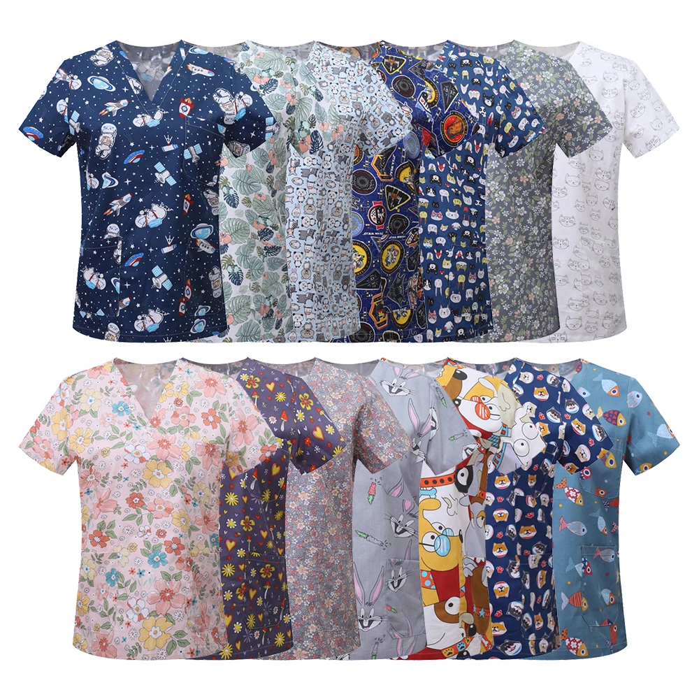 Nurse Uniforms Women Print Short Sleeve V-neck Scrubs Working Medical Blouse Overalls   Nursing Spa Pet Dentistry