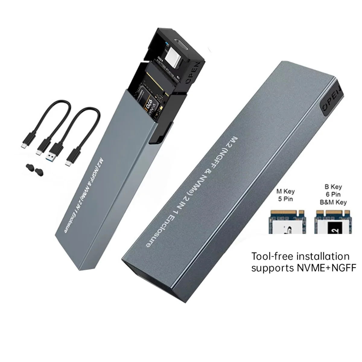 NEUES Dual Protocol M.2 NVMe SSD-Festplattengehäuse 10 Gbit/s USB3.1 Gen2 NVMe-Gehäuse, M2 SATA SSD-Gehäuse für 2230/2242/2260/2280 B