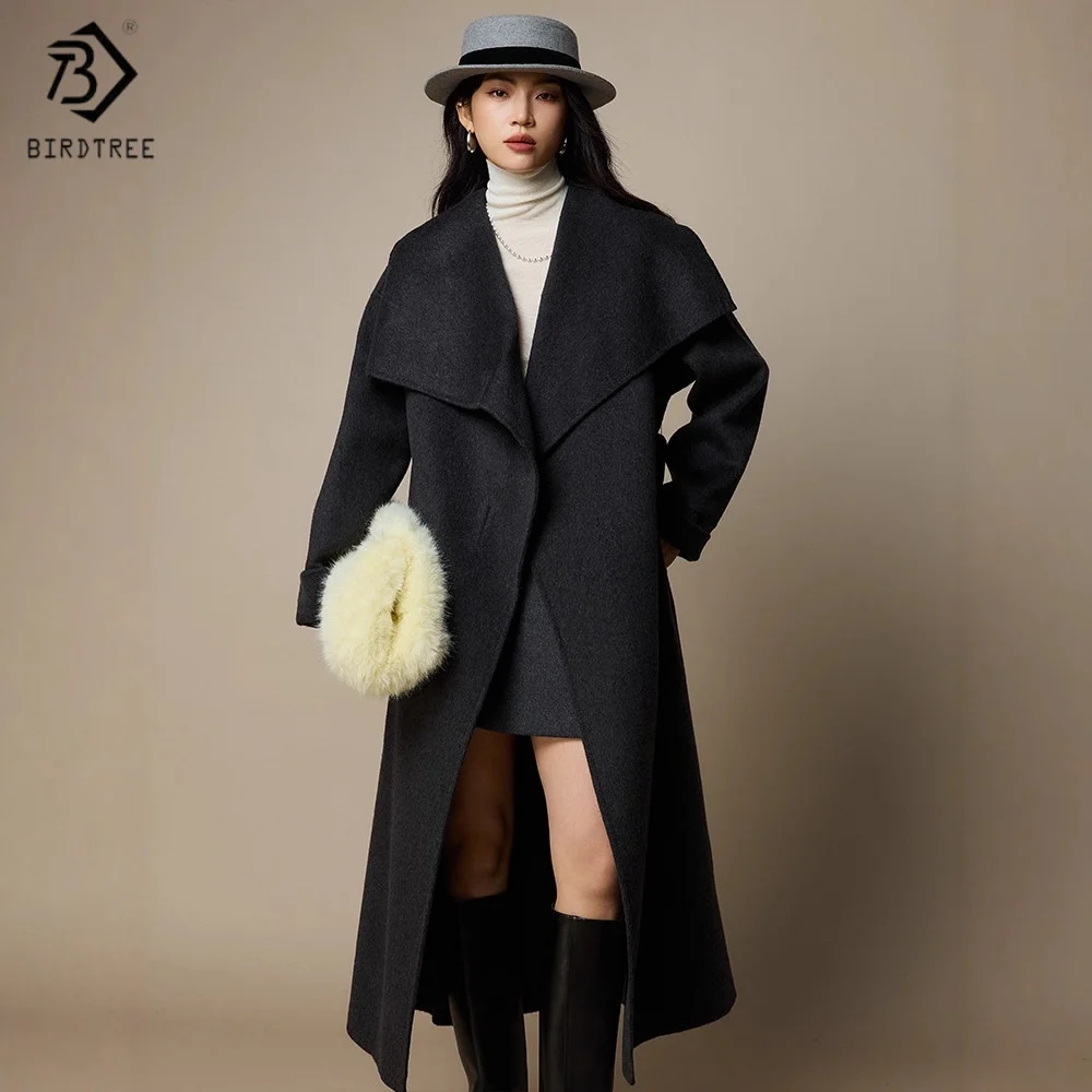 

Birdtree, шерстяной кашемировый кардиган, женское пальто с лацканами и поясом, двустороннее шерстяное пальто, осеннее пальто 2025, белое, серое T5N615JF