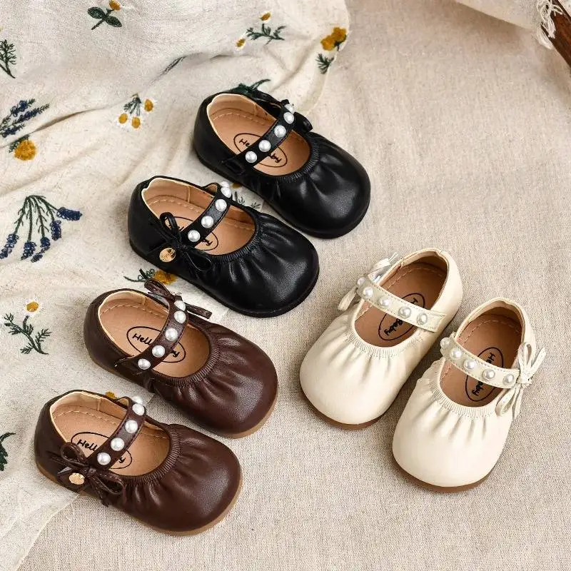 Toddlers Girls Leather Shoes Little Kids Casual Flats Princess Sweet with Pearls Beading Bow-knot 2026 Dress Party Shoes Soft