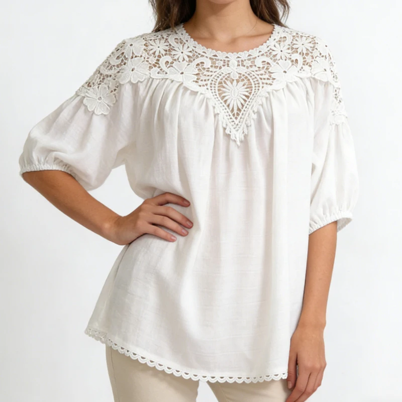 

Винтажная женская блузка свободного кроя с ажурными вставками, элегантная кружевная блузка с вышивкой, повседневный топ с пышными рукавами, однотонная рубашка