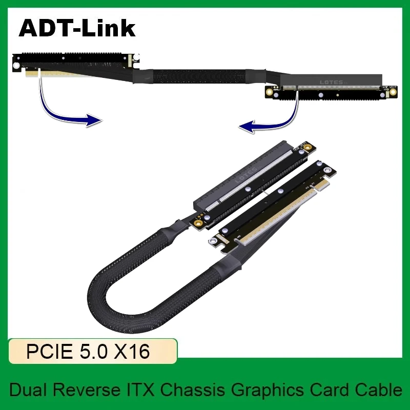 ADT-Link PCIE 5.0 x16 Dual Reverse Soft Bending Graphics Card Extension Cable 512Gbps Gen5 for 50/40/30 Series Chassis AI Server
