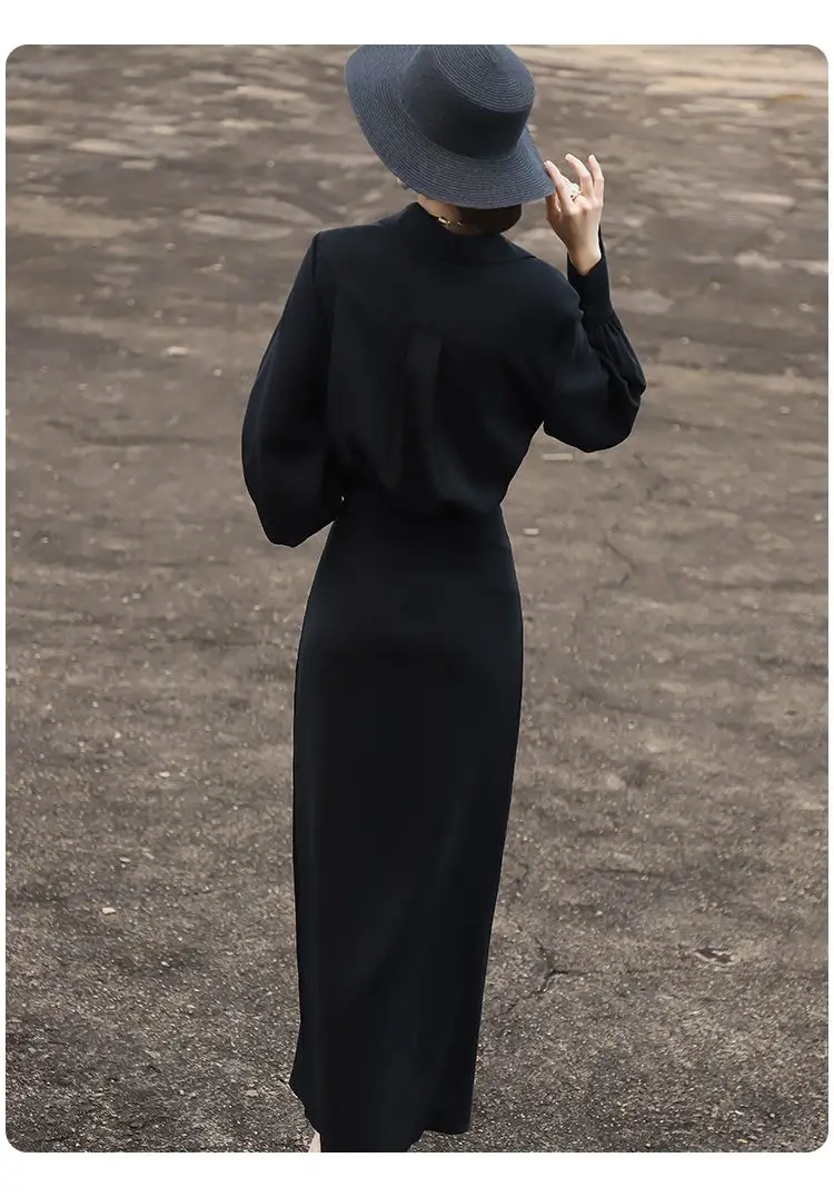 2025 ฤดูใบไม้ร่วงสไตล์ใหม่การเดินทางเรียบง่ายสลิมเสื้อกระโปรงชุดเดรสแขนยาวสําหรับผู้หญิง