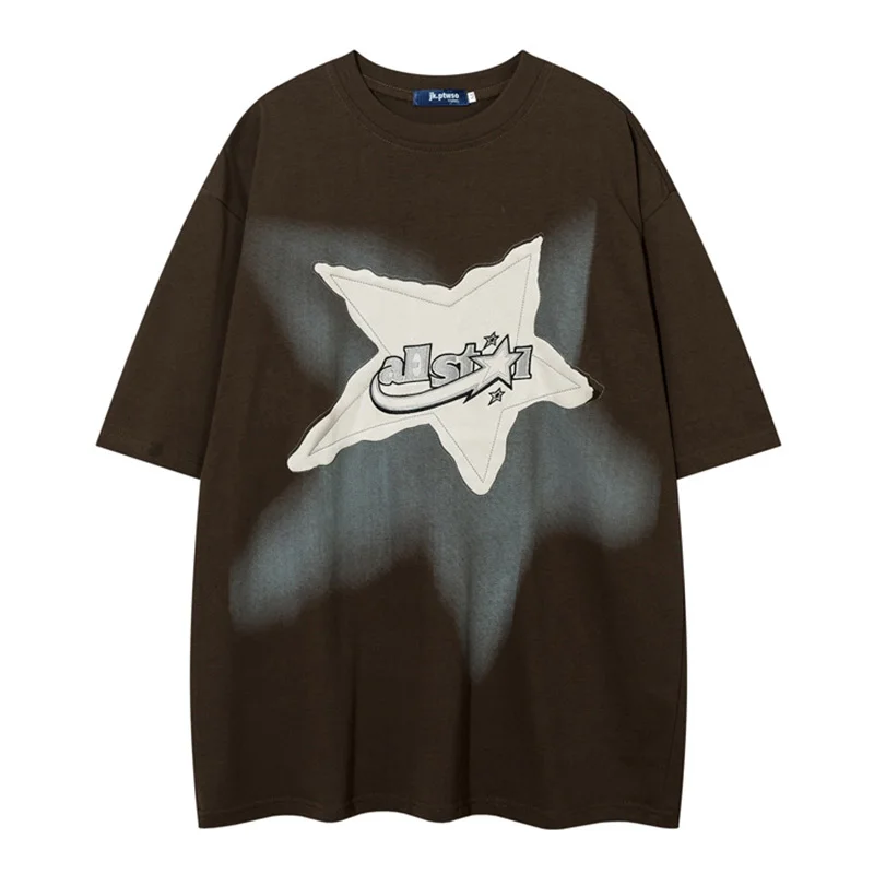 Hip Hop Oversied Star Patches T Shirt Harakuju Streetwear Casual Top Tees For Male Short Sleeves