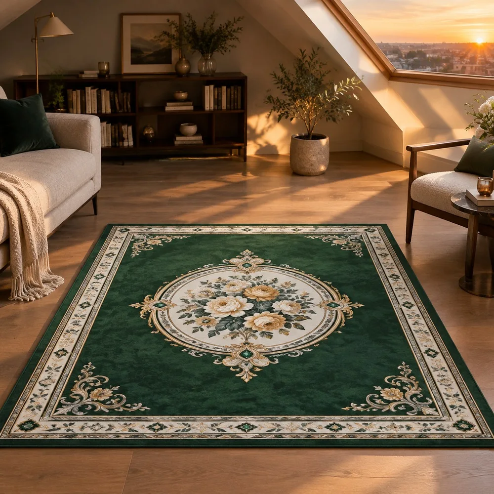 VIKAMA Floor Mat Dark Green Bordered Floral Round Medallion Washable Walk In Closet Bathroom Hallway Bedside Home Decoration
