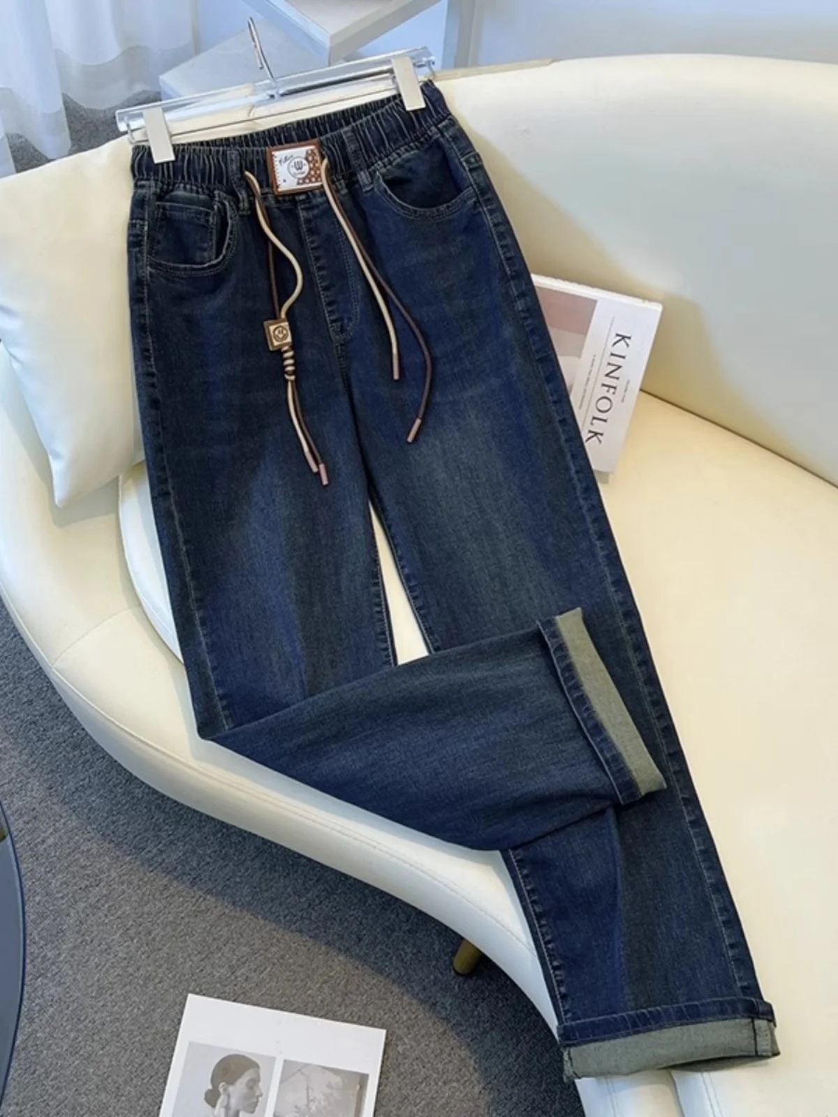 

Retro Deep Blue Elastic Waist Slim Wide Leg Denim Jeans Women's Spring Faion 2025 New ular Elastic Straight Leg Pants