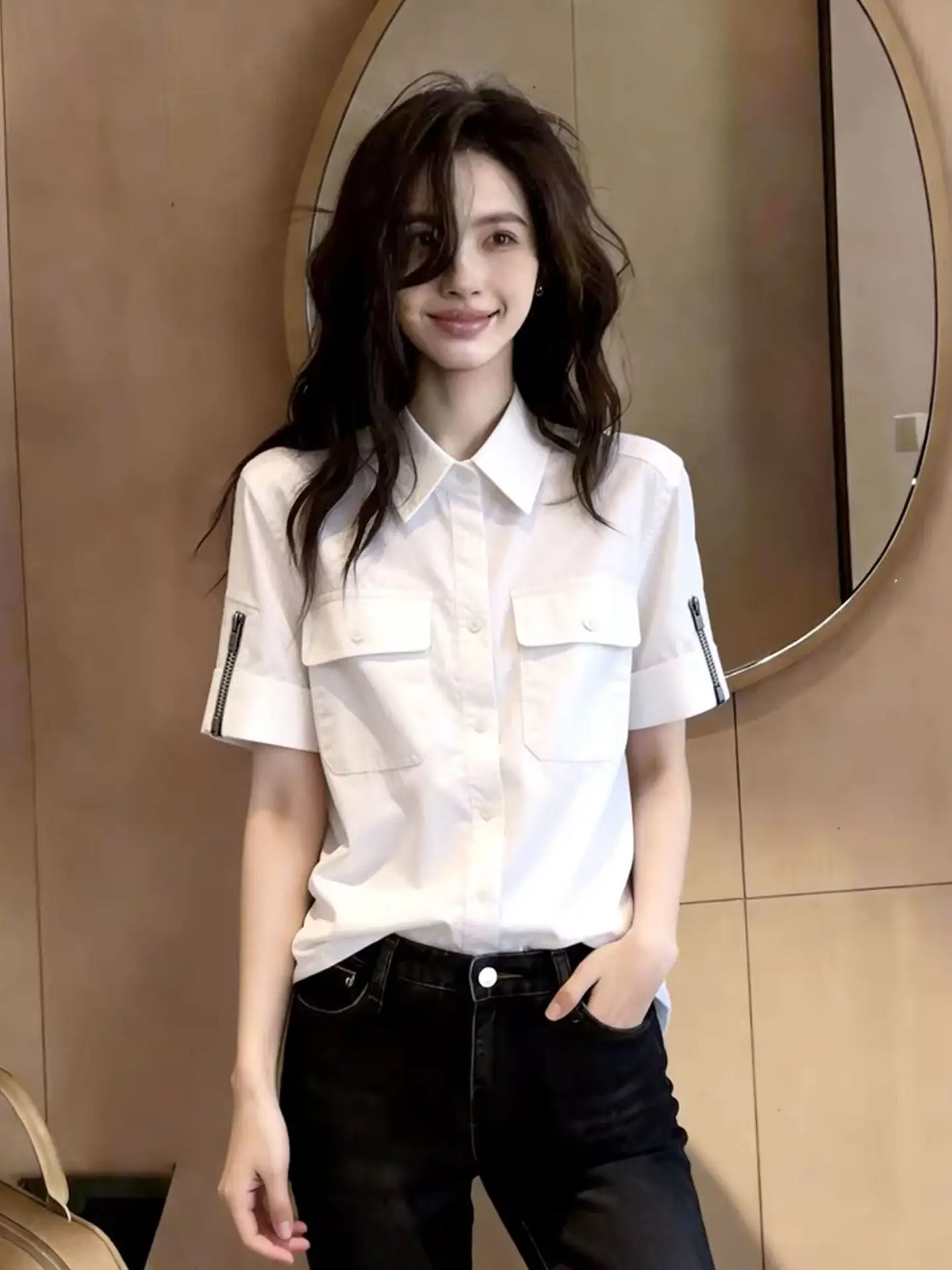 

Fashionable Collar Short Sleeve Shirt Single Button Design Summer Commute Style Korean Version Straight Cut Elegant Top