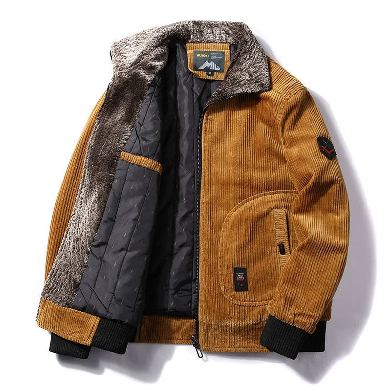 Treesolo Male Thermal Windbreaker Plus Size Men's Warm Winter Corduroy Jackets and Coats Fur Collar Winter Casual Jacket Outwear