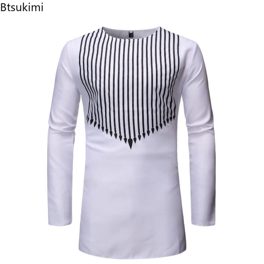 Ethnic Style African Tradition Clothing Men's Mid-length Long Sleeve T-shirt Pants Two Piece Sets Striped Print Men Fashion Suit