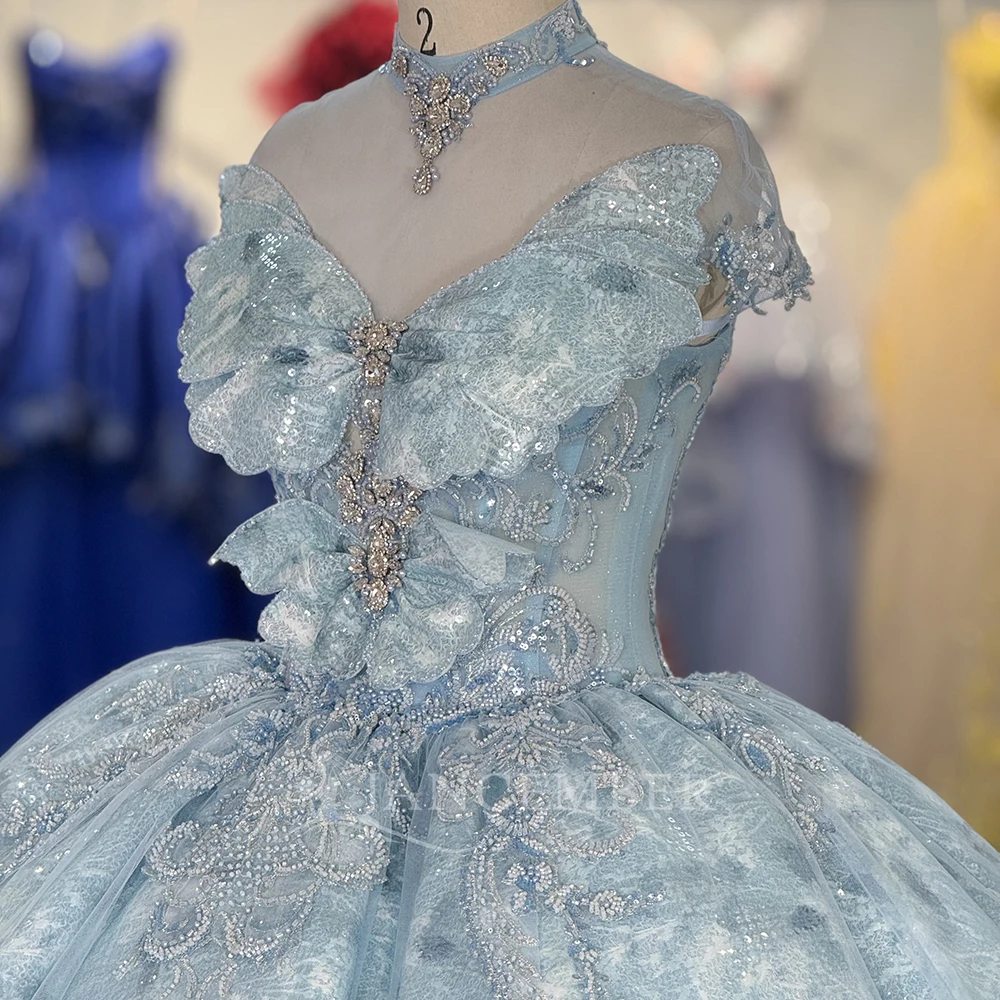 멕시코 반짝이는 비즈 장식 킨세아녜라 드레스 민소매 볼 가운 하이 칼라 스위트 16 드레스 맞춤 제작 베스티도스 데 15 킨세아녜라