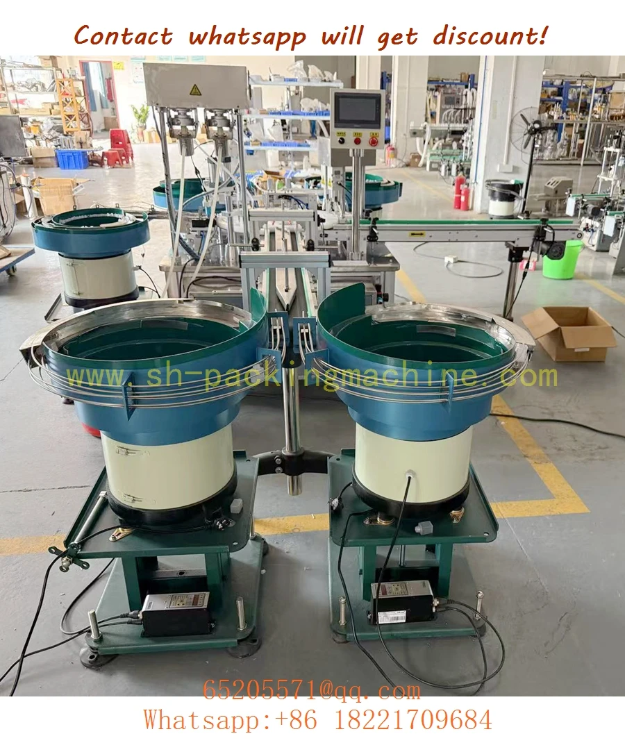 Automatic perfume filling, plugging and capping line with bowl feeder