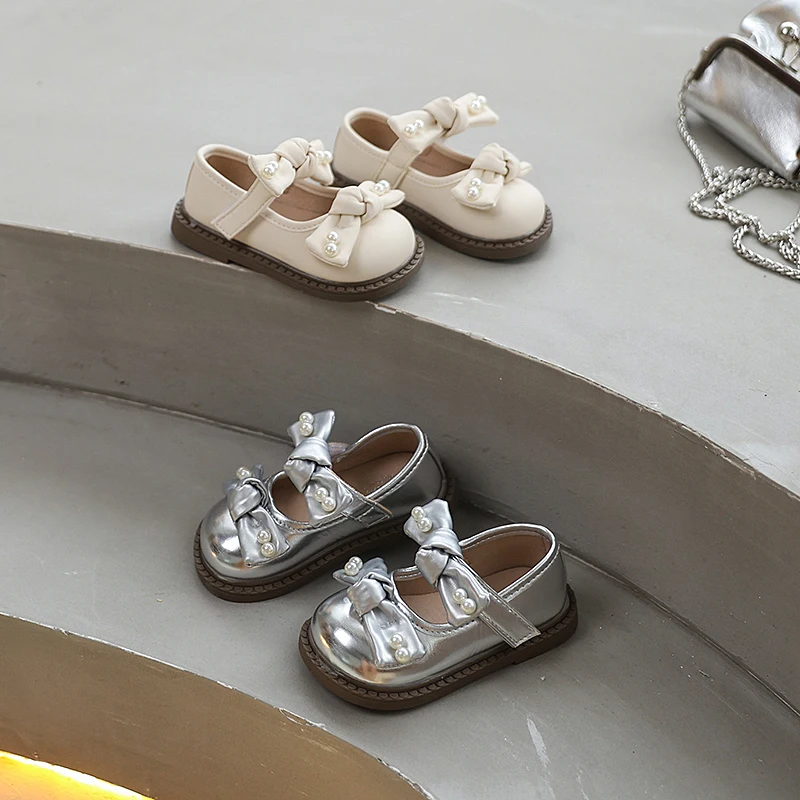 

2025 New Kids Causal Shoes for Girls Fashion Bowknot Children Leather Shoes Sweet Versatile Princess Toddlers Wedding Flat Shoes