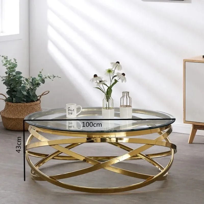 Modern Round Coffee Table Set, Golden Stainless Steel Frame Clear Glass Top Fashion Living Room Side Table