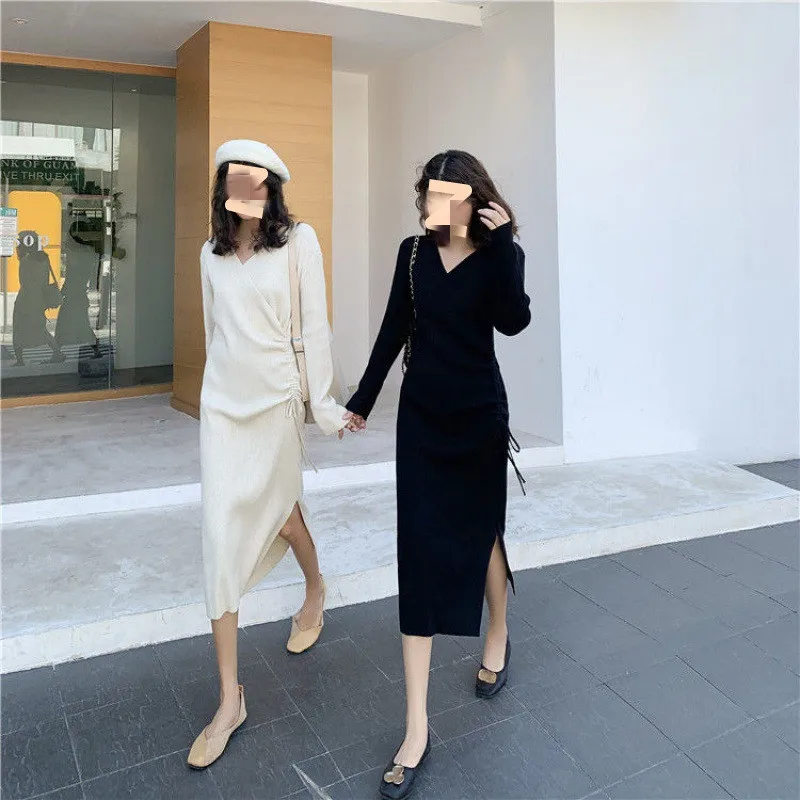 

Women Knitted Dress Fashion Solid color Sexy Slit Long Sleeve Drawstring Slim Sweater Dresses Autumn Winter Bodycon Dress E2861