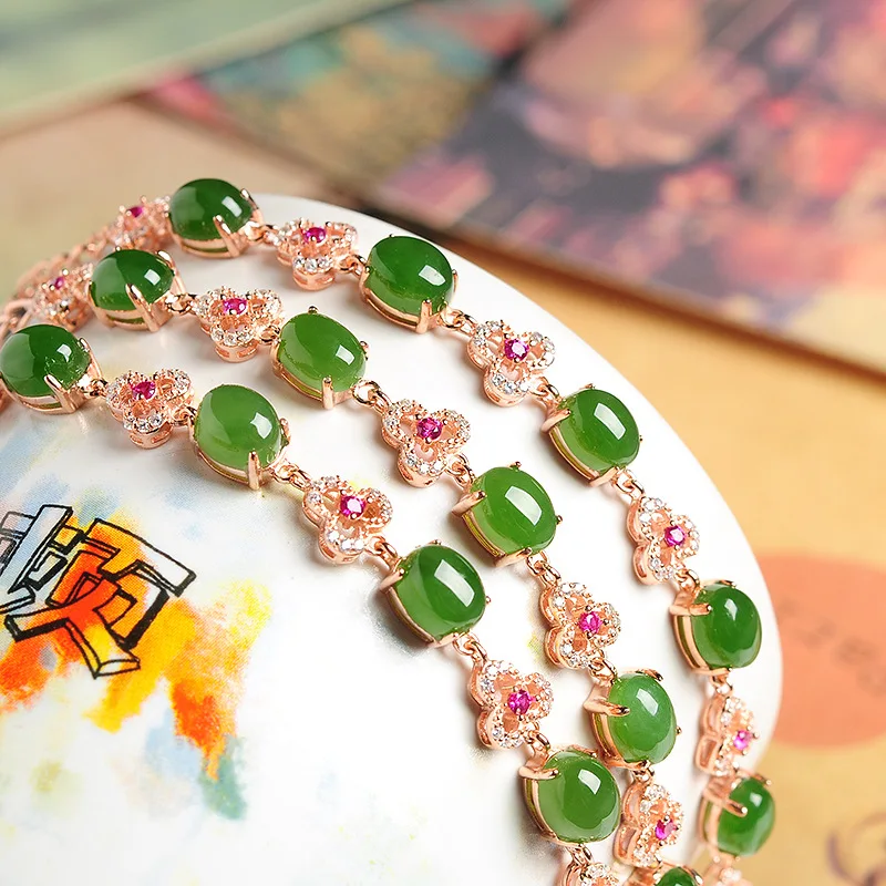 925 Silver Rose Gold Plated With Cabochon, Jadeite Hetian Jade Women'S Bracelet