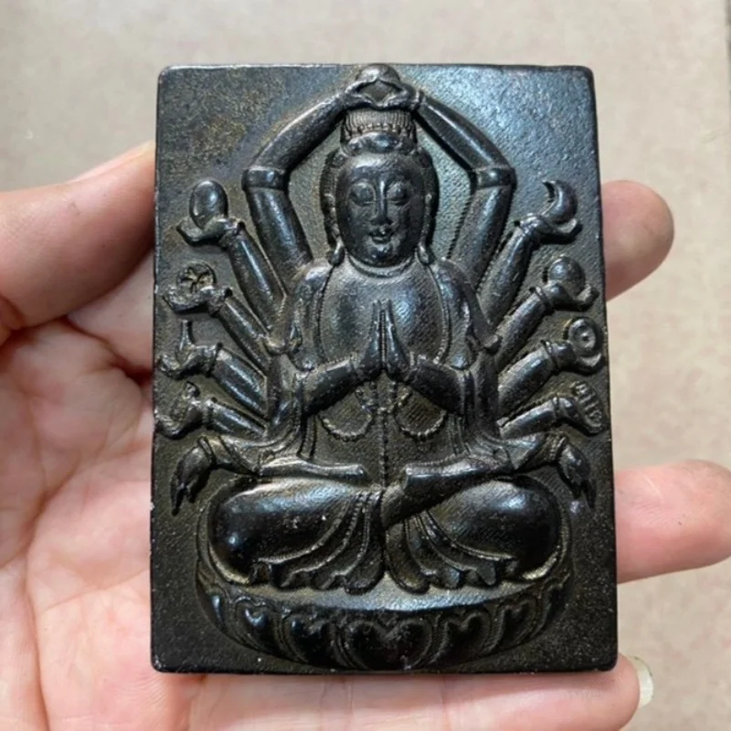 

China antique black iron meteorite carve Thousand-Hand Guanyin hanging decoration Protection board handicraft collect