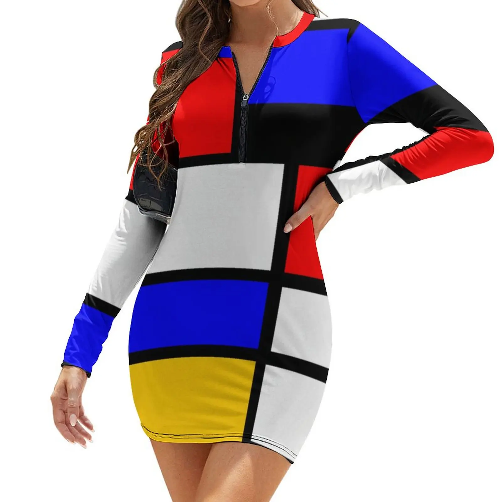 Multi Geometric Print Dress Long Sleeve Art Mondrian Style Kawaii Dresses Autumn Womens Aesthetic Pattern Bodycon Dress Big Size