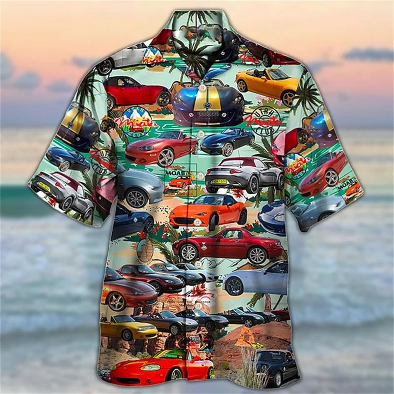 Breathable retro car print shirt Men\'s Hawaiian button shirt Men\'s seaside casual lapel short sleeved shirt Summer fashion shirt