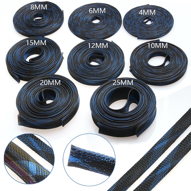 5M Cable Sleeve Blue&Black Expandable High Density Wire Protection PET Nylon Braided Sleeving Cables 2/4/6/8/10/12/15/20/25mm