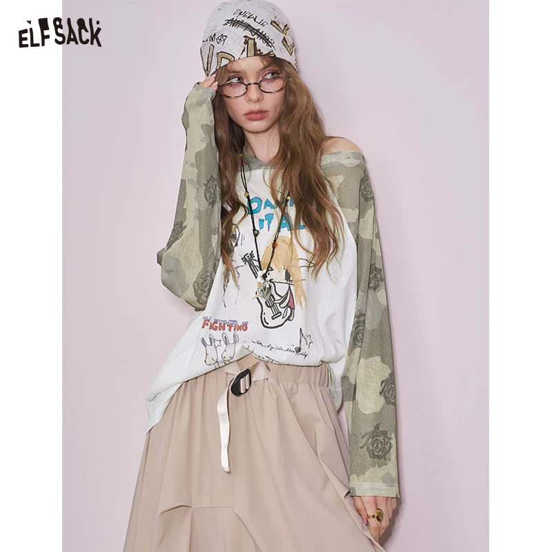 

ELFSACK 2025 Summer New Arrival Casual Cool Camouflage Mesh Insert Shoulder Print Long Sleeve Graphic T-shirt For Woman