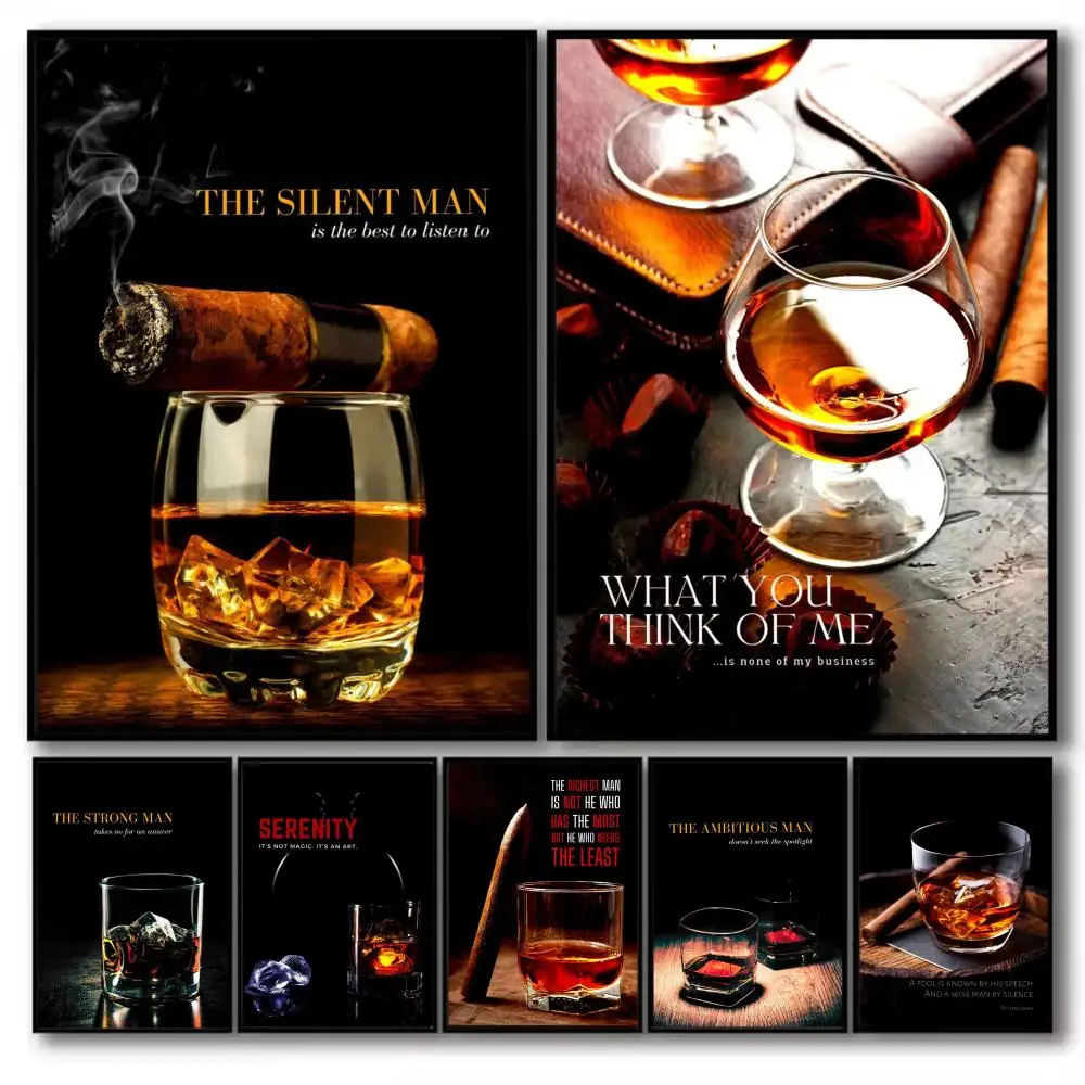 Whiskey Cigars Cocktail Painting Calligraphy Canvas Poster Art for Bedroom Living Room Home Decor Wall Decoration Decals Gift