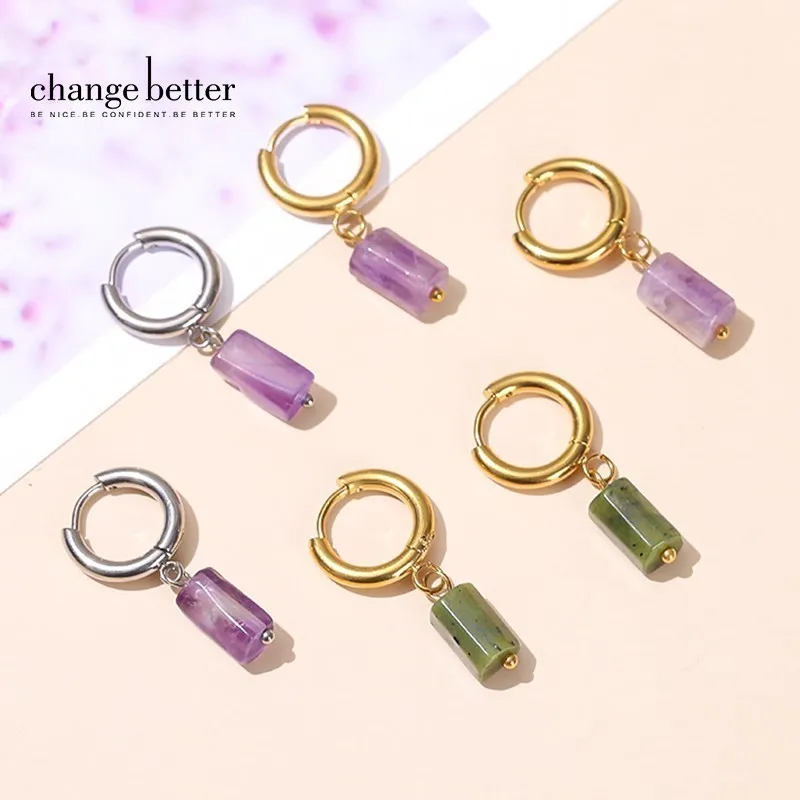 Change Better Natural Aquamarine Cylinder Shape Drop Earrings Women Amethyst Stainless Steel Hoop Dangle Earring Couple Gifts