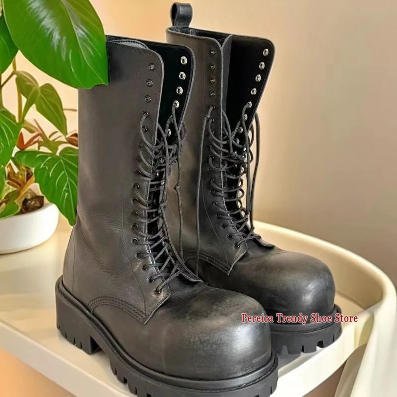 Retro Round Toe Thick Soled Mid-Calf Boots for Men Women Autumn Winter New Platform Lace Up Work Boots Street Style Casual Shoes