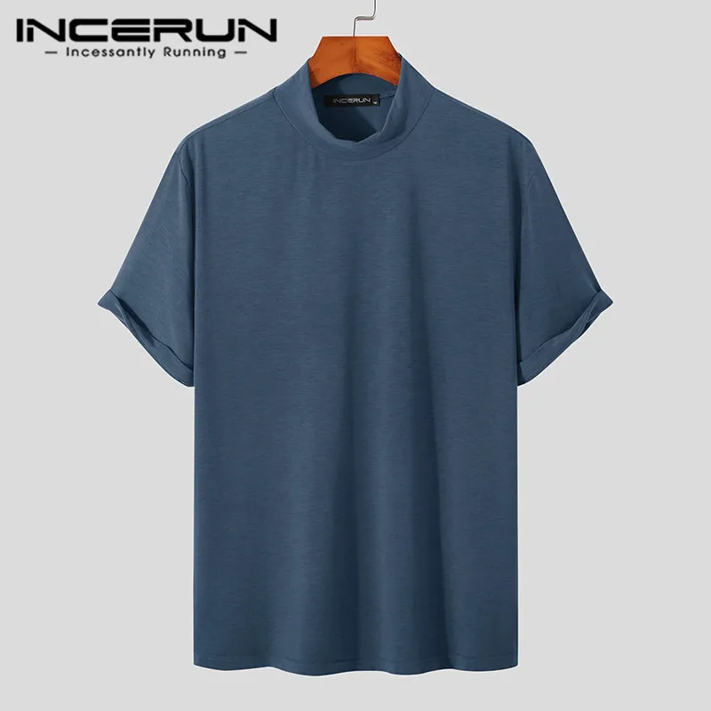 INCERUN Men T Shirt Turtleneck Solid Color Short Sleeve 2024 Summer Korean Casual Tee Tops Streetwear Fashion Men Clothing S-5XL