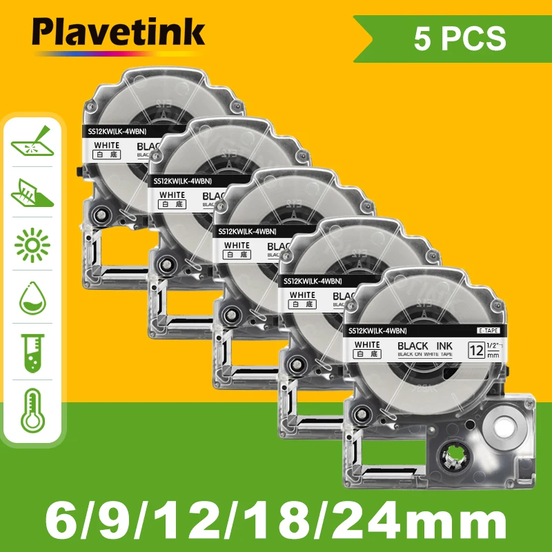 5 PCS Label Tapes SS12KW Compatible for EPSON LW-300 LW-400 LW-600P LW-700 LC-4WBN Printer 12mm*8m Black on White Label Maker