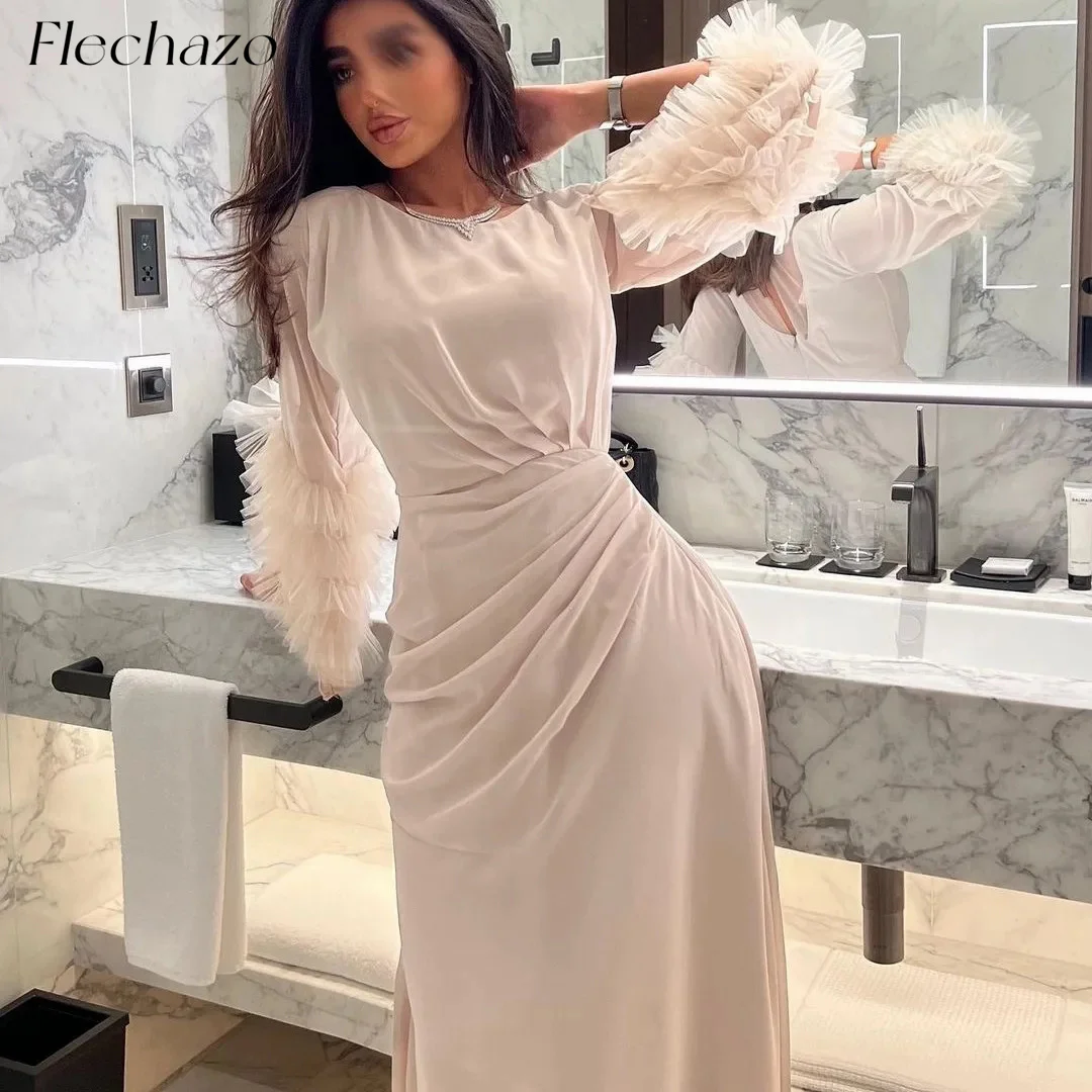 

Flechazo Apricot Chiffon Evening Dresses O-Neck A-line Tiered Ruched Soft Elegant Formal Party Gown For Women 2024 فساتين السهرة