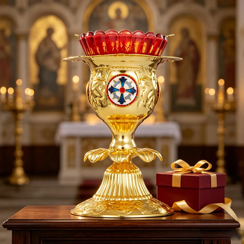New Orthodox Vigil Lamp Enamel Cross Golden Candle Holder Gift Box Church Altar Prayer Decor Religious Memorial Blessing Gift