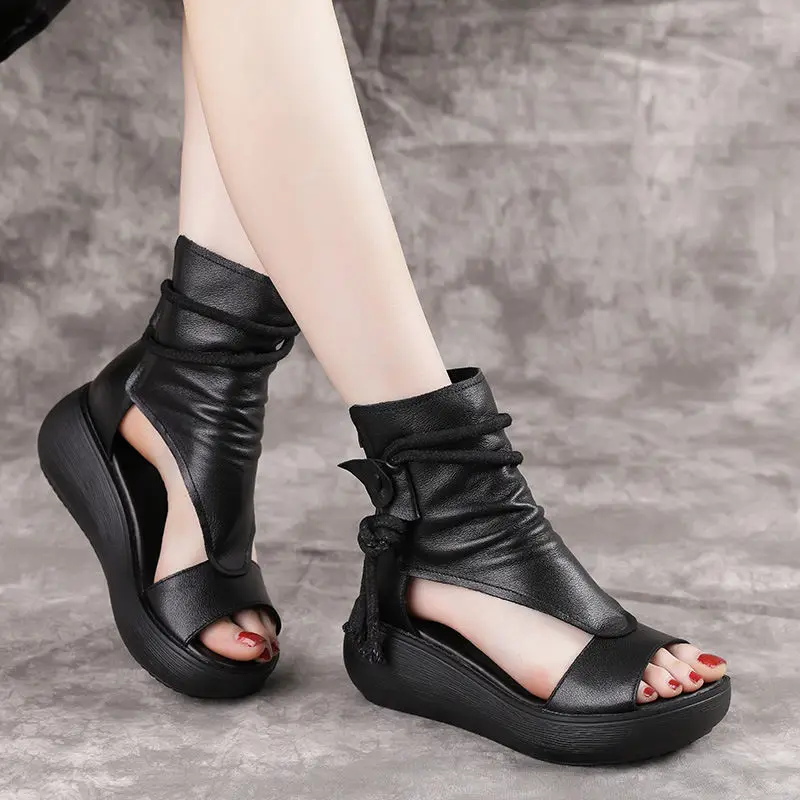 Comemore Women Summer Roman Sandals Boots 2025 Mid Heels Wedges Shoes Ladies Vintage PU Leather Sandalias Mujer Sapato Feminino