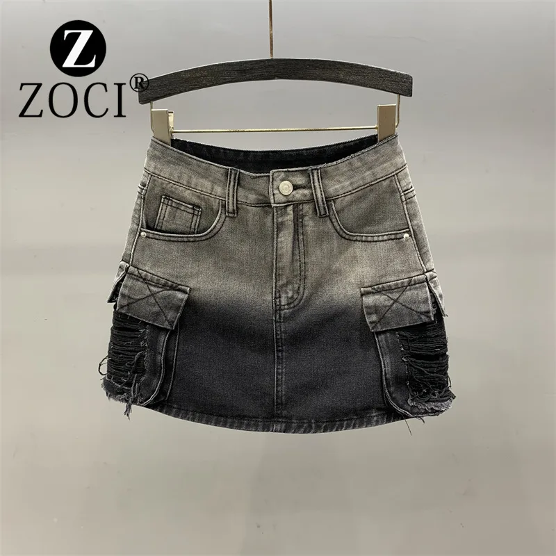 [ZOCI] Wear Black Gray Gradually Changing Color Denim Short Summer A-line High Waisted Workwear Skirt Trendy