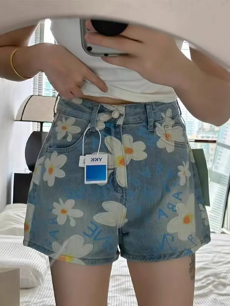 Shorts Womens Y2K Harajuku Hip Hop Gothic Flower Print Retro Baggy Denim Shorts Girl New High Waist Slim Mini Shorts Skirt