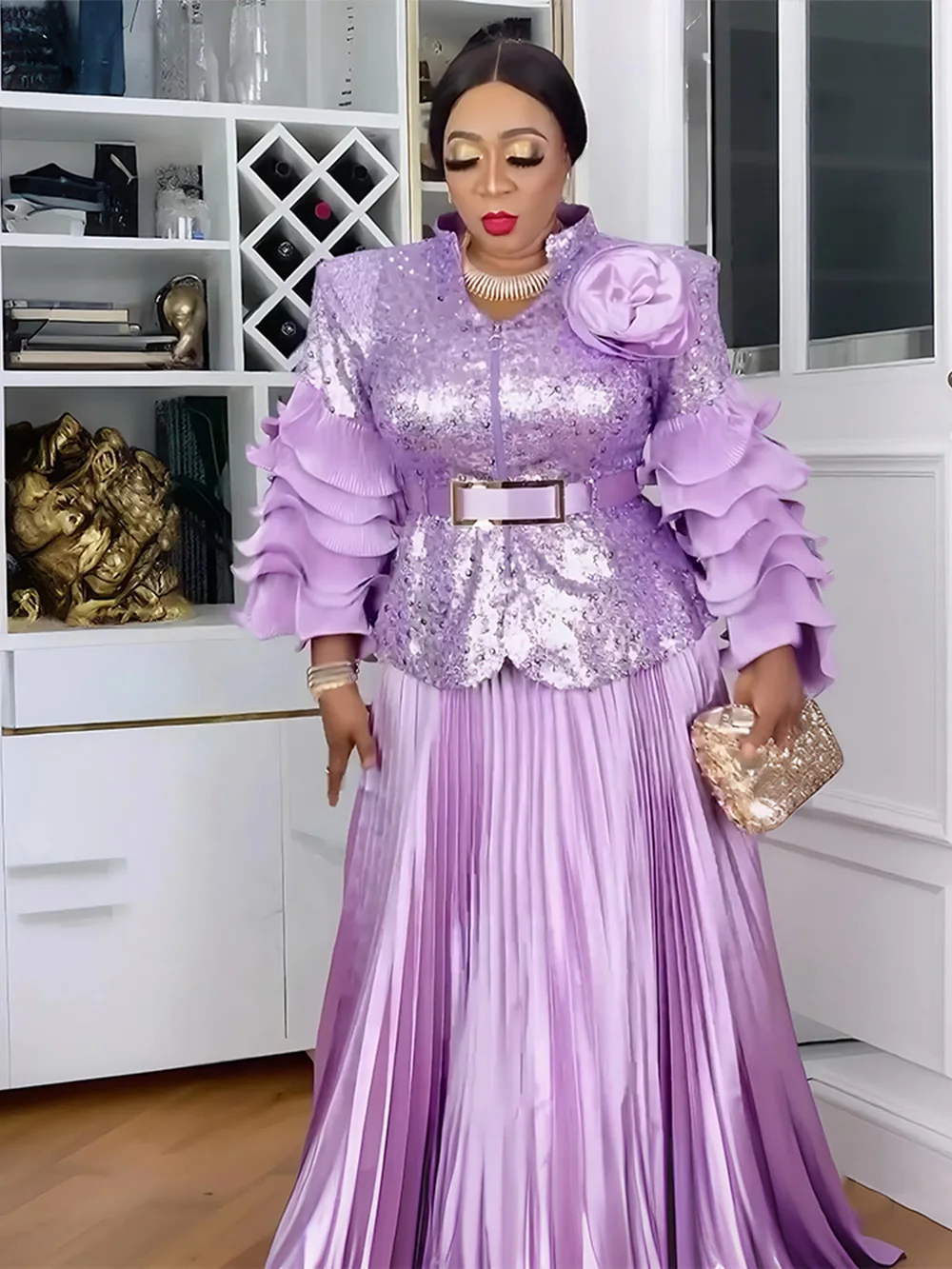 

Sequin African Clothes for Women 2 PCS Sets Tops And Skirts Suits Dashiki Ankara Outfits Gown Plus Size Wedding Party Dresses