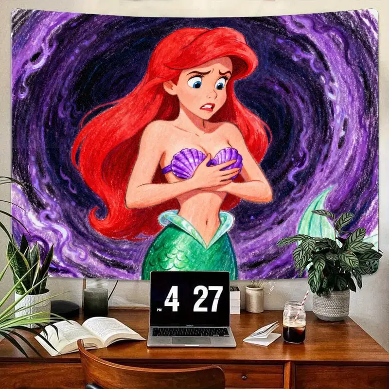 

1PC Disney The Little Mermaid Ariel Vibrant Tapestry Polyester Wall Art Red Hair Green Tail Decor for Girls Bedroom Aesthetic Gi