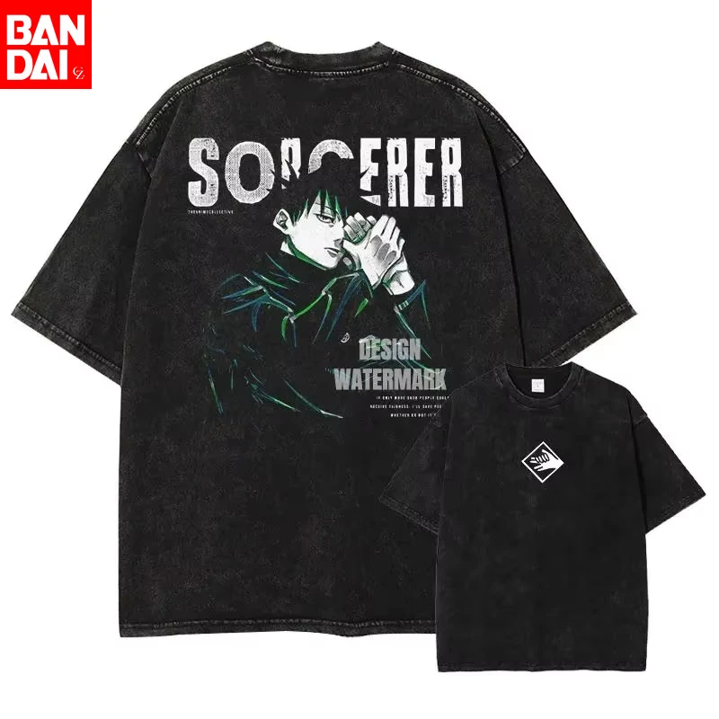 

Винтажная черная футболка с эффектом потертости для мужчин, с графическим принтом аниме Jujutsu Kaisen (Мегуми Фушигуро, Волшебник), оверсайз, уличный стиль, короткий рукав