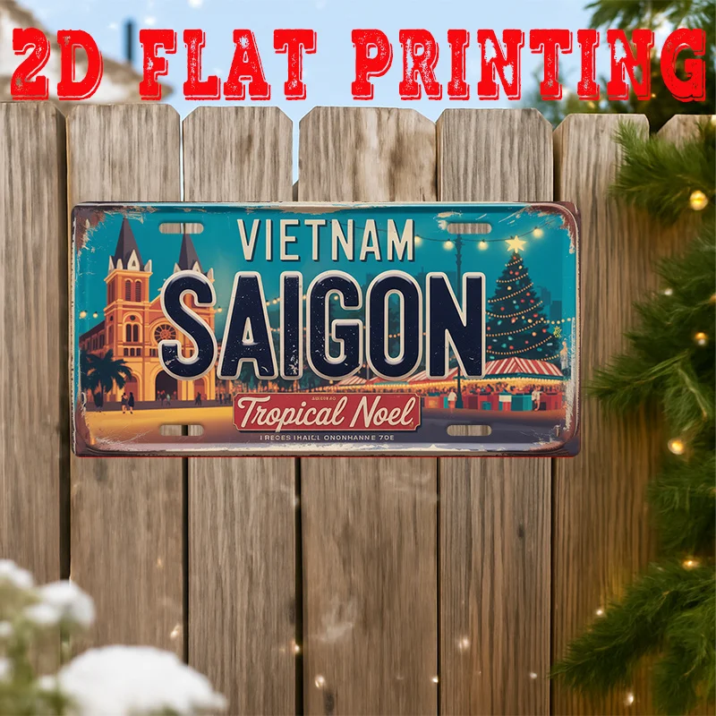 Vietnam Saigon Tropical Noel 2D Flat Printing License Plate Style Metal Tin Sign, Festive Vietnamese City Themed Decorative Alum