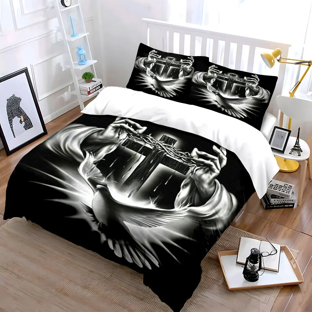 Radiant dove and thorn cross Duvet Cover Set with 3D Printing Design Soft Polyester Bedding Set All-Season Comfort for gifts
