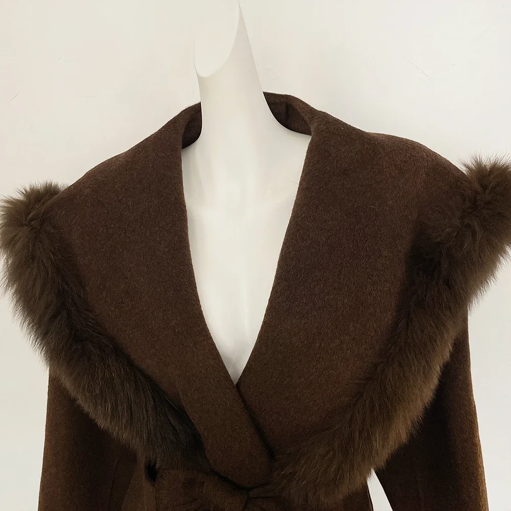 OFTBUY Neue Luxus-Winterkleidung für Damen, Naturpelz, 100% Wollmantel, großer Echtfuchspelzkragen, Gürteljacke für Damen – Detail 4