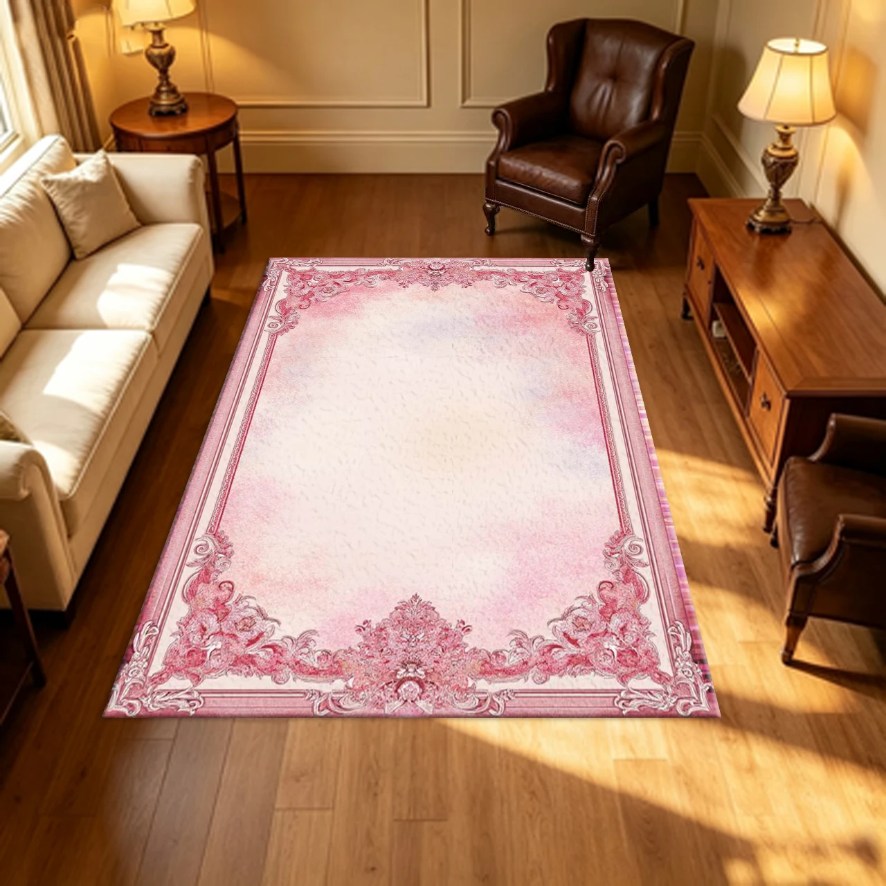 Pink Watercolor Vintage Ornate Frame Carpet Flooring Soft Pastel Floral Border Household Indoor Decor Area Rug