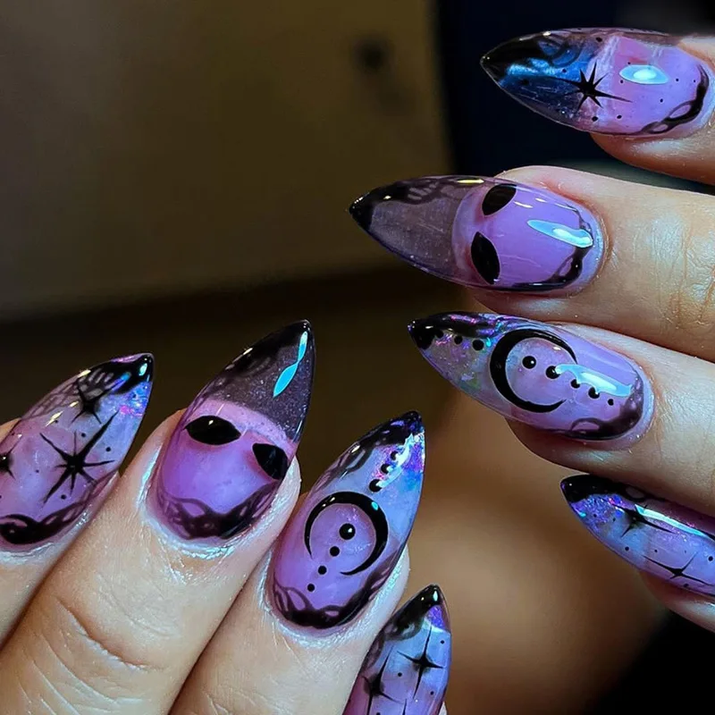 

3D fake nails accessories for Halloween sweet cool purple black moon star designs french almond tips press on false nail tips