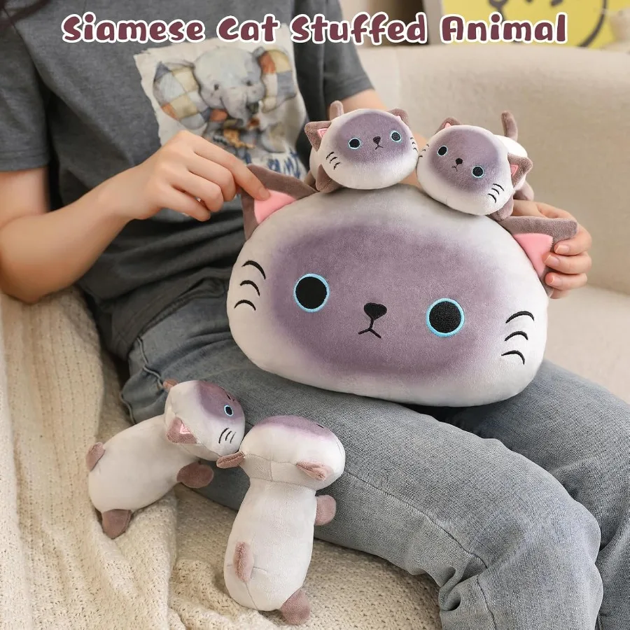 Siamese Cat Plush Stuffed Animal Pillow with 4 Baby Plushies in Tummy Soft Cotton Toy for Cute Gift