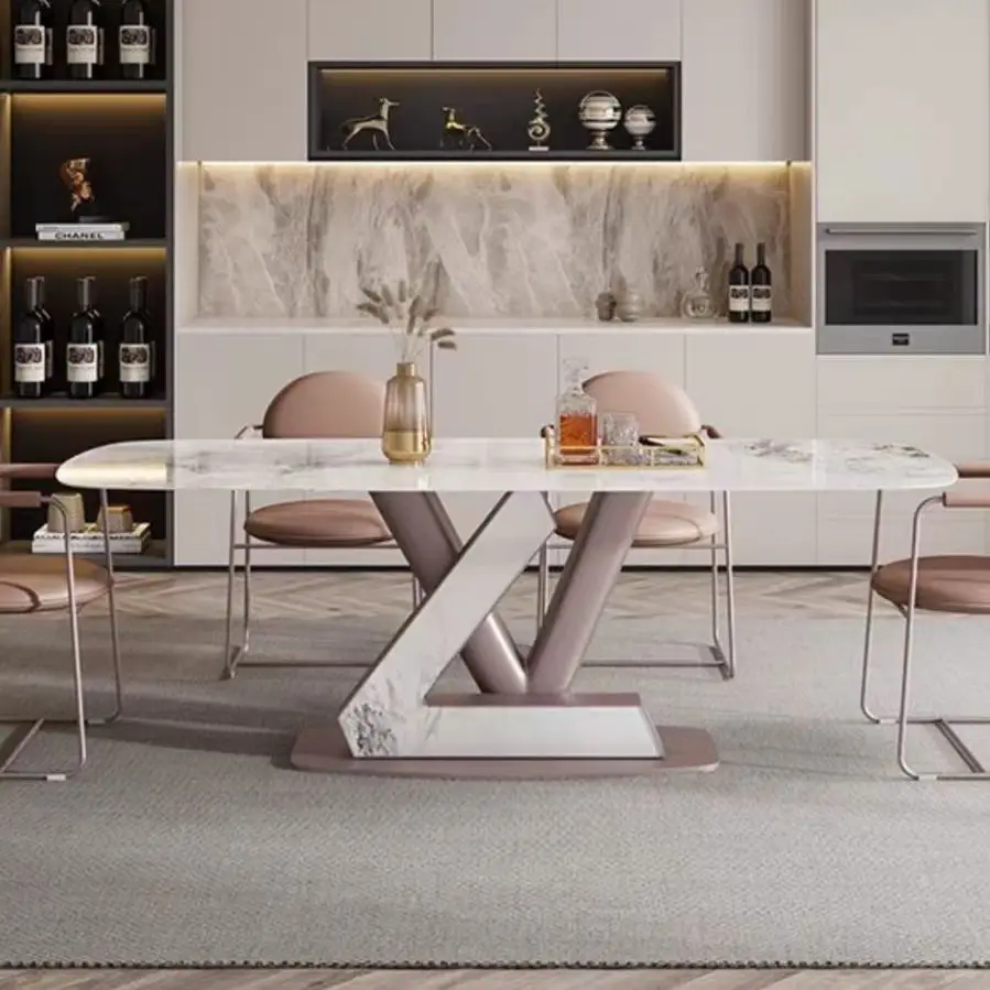 hu-Marble Dining Table Stone Top Modern Italian Kitchen Dining Room Home Furniture Luxury Dining Table and Chair Set#