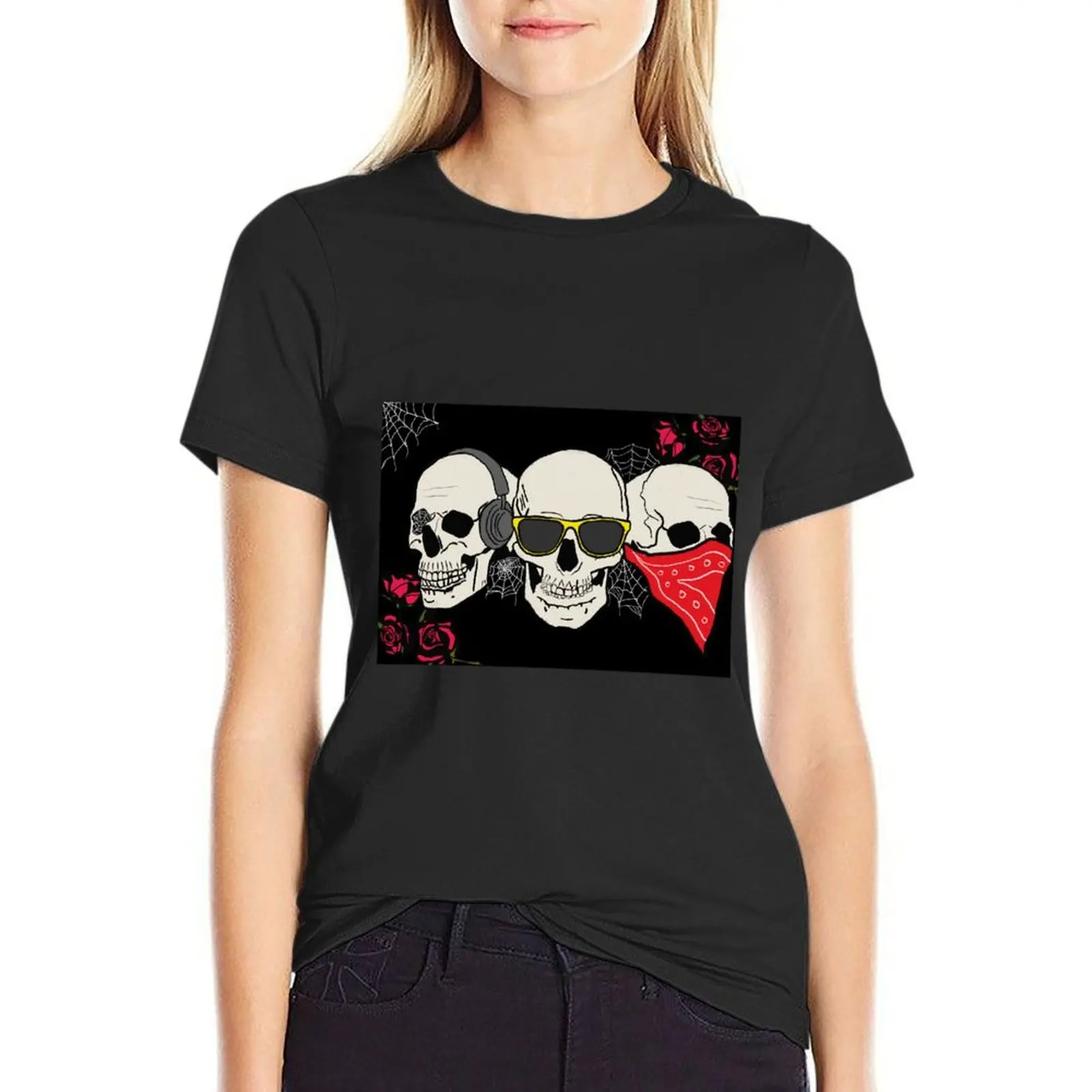 

Hear No Evil See No Evil Speak No Evil Skulls T-Shirt plain anime clothes korean Women's clothes