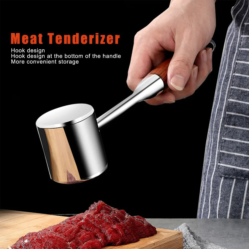 304 Stainless Steel Meat Tenderizer Tool Silver Brown Wood Handle Meat Pounder Tenderizer Hanging Loop Durable Meat Hammer