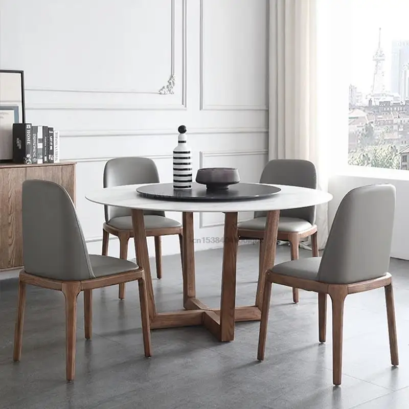 

Northern Europe Solid Wood Legs Marble Top Table With Rotating Turntable Modern Simple Round Dining Table And Chair Combination