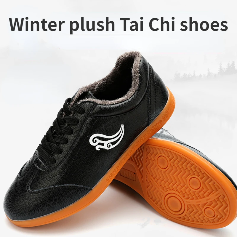 Tai Chi Shoes for Men Winter Plush Soft Cowhide Leather Tai Chi Performance Training Shoes for Men Arts Shoes