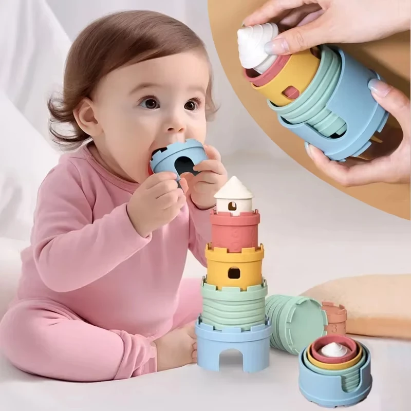 Kid Silicone Castle Stack Cup Toys Color Digital Cognitive Building Blocks Brain Response Battle for Early Education Games Toy