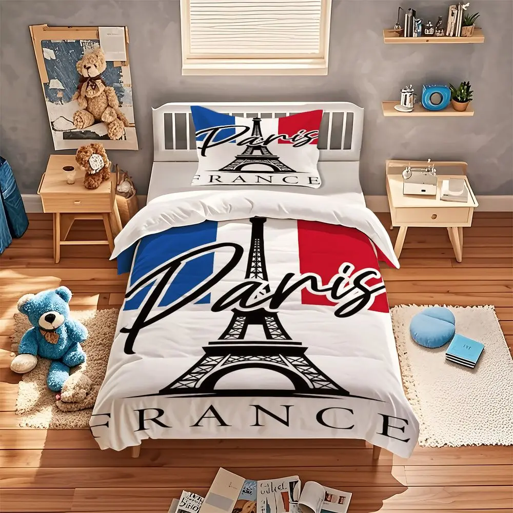 aris Eiffel Tower France Flag Print Duvet Cover Set Comforter Cover Bedding Set No Filler Travel Themed Bedroom Bedding Decor